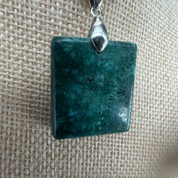 Green Coral Fossil Square Pendant on Black Satin Rope Cord - Picture 12 of 14